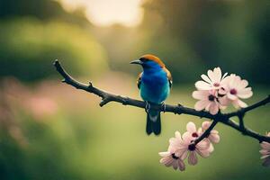 en blå och orange fågel sitter på en gren med rosa blommor. ai-genererad foto