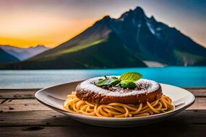 spaghetti med en se av de berg. ai-genererad foto