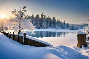 snö täckt träd och en staket förbi en sjö. ai-genererad foto