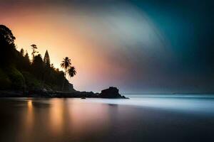 en lång exponering fotografera av en strand på solnedgång. ai-genererad foto