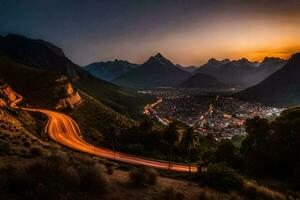 en lindning väg i de bergen på solnedgång. ai-genererad foto