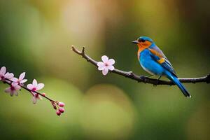 en blå och orange fågel sitter på en gren med rosa blommor. ai-genererad foto