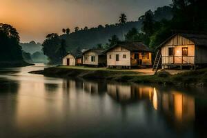 hus på de banker av en flod på solnedgång. ai-genererad foto