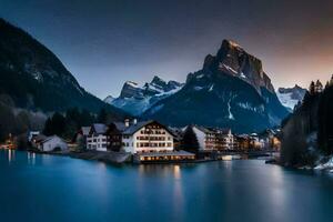 de stad av alpin i de alps på solnedgång. ai-genererad foto