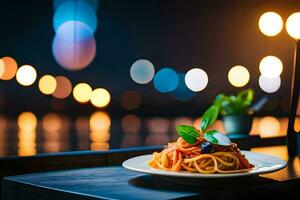 spaghetti på en tallrik med lampor i de bakgrund. ai-genererad foto