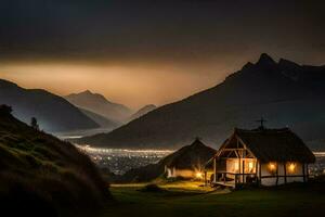 Foto tapet de himmel, berg, hus, ljus, de natt, de berg, de hus. ai-genererad