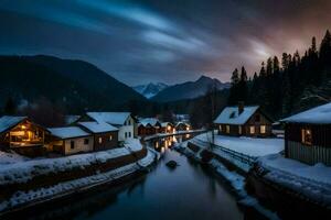 en flod kör genom en snöig by på natt. ai-genererad foto