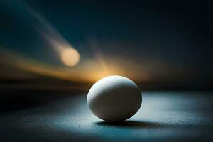 ett ägg på en tabell med en ljus ljus Bakom Det. ai-genererad foto