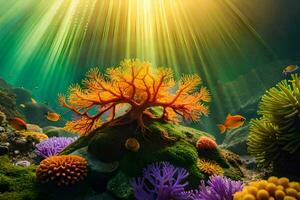 ett under vattnet scen med färgrik koraller och ett orange träd. ai-genererad foto