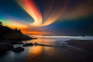 en färgrik aurora över de hav och rocks. ai-genererad foto
