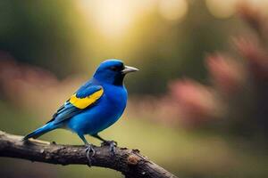 en blå fågel med gul vingar Sammanträde på en gren. ai-genererad foto