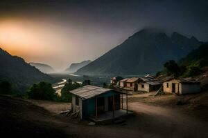en små by i de bergen på solnedgång. ai-genererad foto