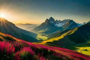 de Sol lyser över en berg räckvidd med rosa blommor. ai-genererad foto