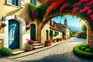 ett illustration av en gata med blommor och en blå dörr. ai-genererad foto