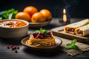 spaghetti med tomat sås, bröd och grönsaker på en trä- tabell. ai-genererad foto
