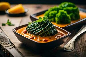 en skål av soppa med broccoli och en sked. ai-genererad foto