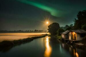 en hus på de flod med de aurora borealis i de himmel. ai-genererad foto