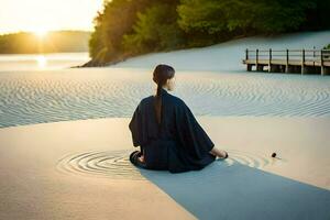 en kvinna i en kimono sitter på de sand på solnedgång. ai-genererad foto