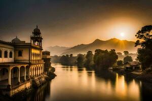 de Sol stiger över en flod i Indien. ai-genererad foto