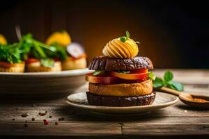 en tallrik med en burger och grönsaker på Det. ai-genererad foto