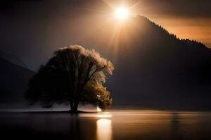 en ensam träd i de dimma på en sjö. ai-genererad foto