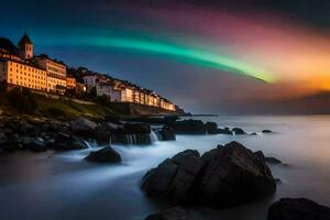 de aurora borealis över de hav. ai-genererad foto