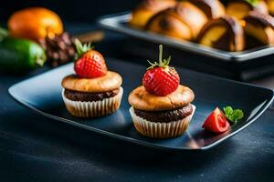 två muffins med jordgubbar på topp på en svart tallrik. ai-genererad foto