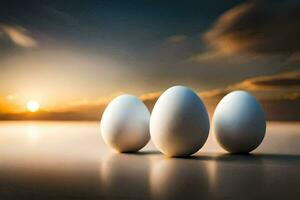 tre vit ägg är stående i främre av en solnedgång. ai-genererad foto