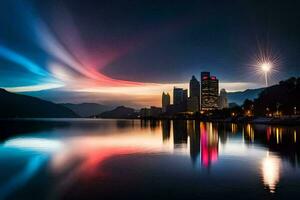 en färgrik ljus spår över en stad horisont. ai-genererad foto