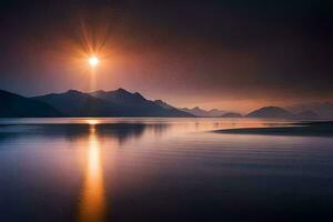 de Sol stiger över en sjö och berg. ai-genererad foto