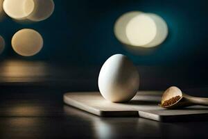 ett ägg på en trä- skärande styrelse med en trä- sked. ai-genererad foto