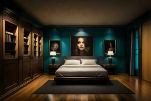 en sovrum med en säng, bokhyllor och en målning. ai-genererad foto