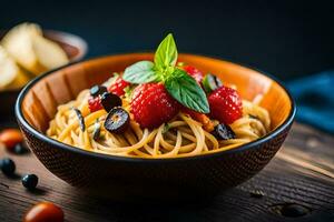 spaghetti med bär och basilika löv i en skål. ai-genererad foto