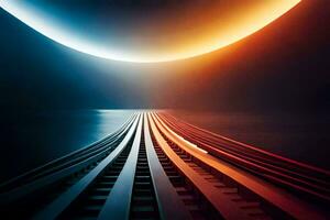 en tåg Spår med en ljus orange och blå himmel. ai-genererad foto