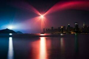 en stad horisont belyst upp på natt med en ljus ljus. ai-genererad foto