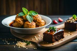 köttbullar i en skål med sås och örter på en trä- tabell. ai-genererad foto