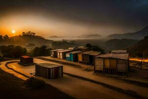 en solnedgång över en by med trä- hus. ai-genererad foto