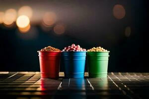 tre färgrik koppar med annorlunda typer av mat. ai-genererad foto