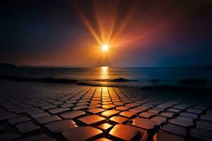 de Sol lyser ljust över en strand med en sten väg. ai-genererad foto