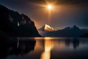 de måne lyser över en berg räckvidd och en sjö. ai-genererad foto