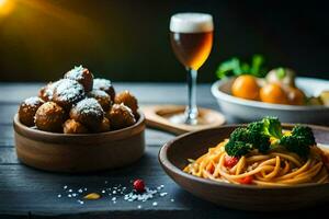 italiensk mat med spaghetti och köttbullar på en trä- tabell. ai-genererad foto