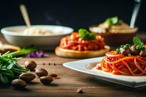 spaghetti med köttbullar och grönsaker på en trä- tabell. ai-genererad foto