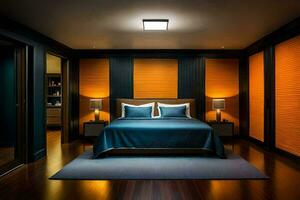 en sovrum med blå och orange accenter. ai-genererad foto