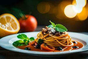 spaghetti med tomat sås och kött på en tallrik. ai-genererad foto