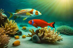 två clown fisk och ett anemon fisk i de hav. ai-genererad foto