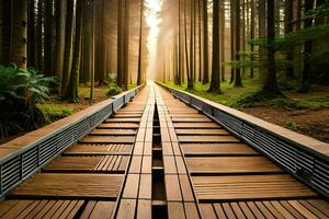 en trä- gångväg i de mitten av en skog. ai-genererad foto
