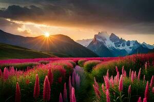 de Sol stiger över de bergen och de blommor blomma i de fält. ai-genererad foto