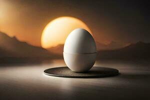 ett ägg på en tallrik med en solnedgång i de bakgrund. ai-genererad foto