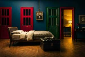 en sovrum med blå väggar och röd dörrar. ai-genererad foto