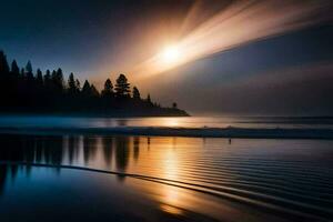 en full måne lyser över de hav på natt. ai-genererad foto